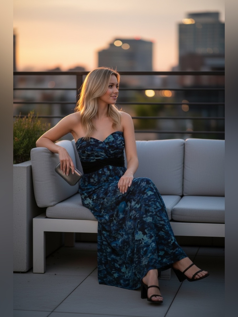 BCBGMaxAzria Navy and Black Strapless Camo Maxi Dress